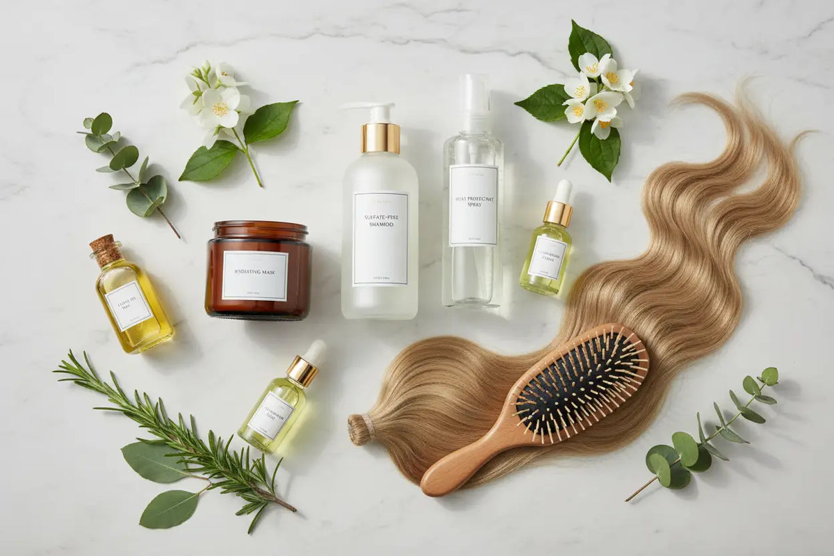 Guide entretien extensions Raw Hair - Produits essentiels shampooing sans sulfate, masque hydratant, protection thermique, sérums et huiles naturelles pour extensions cheveux durée 3-5 ans
